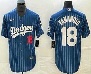 Men%27s Los Angeles Dodgers #18 Yoshinobu Yamamoto Number Blue Pinstripe Cool Base Stitched Baseball Jersey1->los angeles dodgers->MLB Jersey